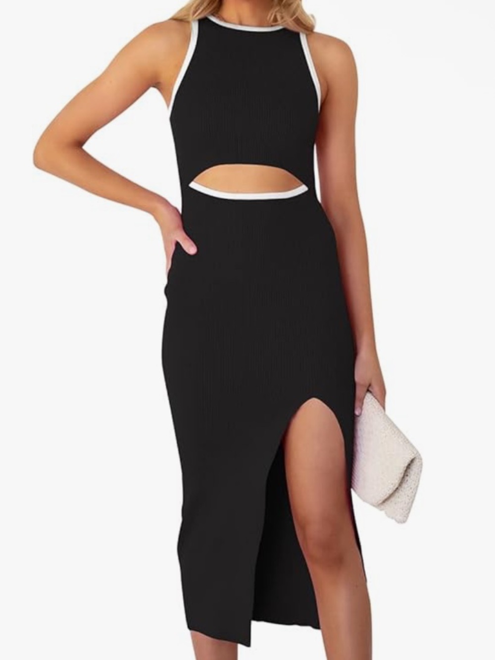 Black Cutout Ribbed Midi Dress with White Trim